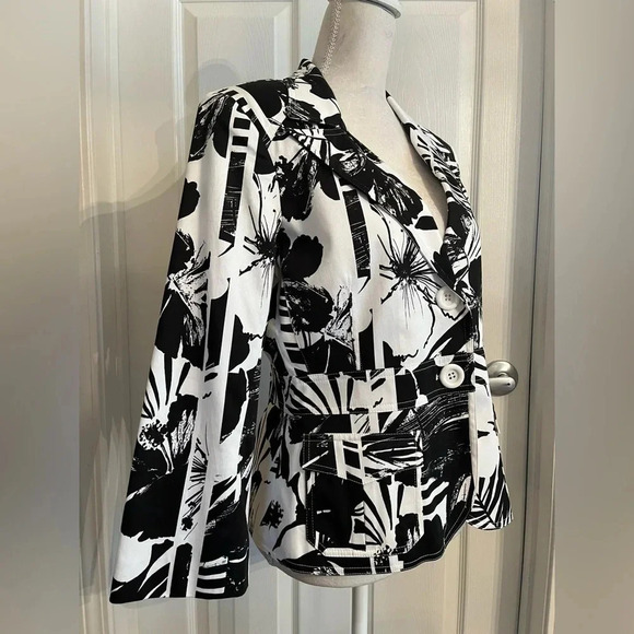 Cache Black‎ & White Abstract Print Blazer Size 10 - Picture 3 of 10